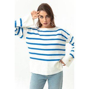 Lafaba Women's Blue Boat Collar Striped Knitwear Sweater