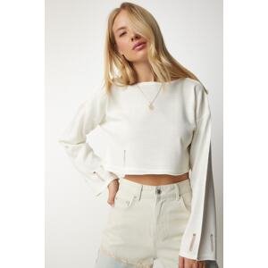 Happiness İstanbul Women's Bone Torn Detailed Knitwear Crop Sweater