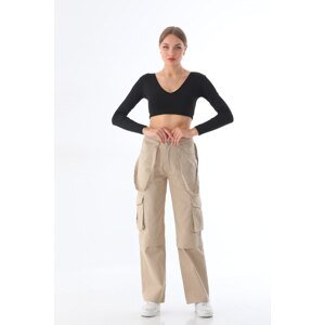 BİKELİFE Women's Beige High Waist Multi-Pocket Strap Detail Straight Fit Cargo Pants