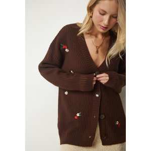 Happiness İstanbul Women's Brown Floral Embroidered One Button Knitwear Cardigan