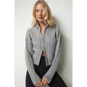 Happiness İstanbul Women's Gray Zippered Knitting Pattern Sweater Cardigan