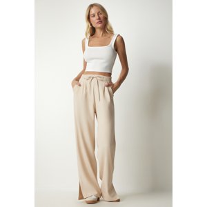 Happiness İstanbul Women's Cream Pleated Slit Tracksuit Pants