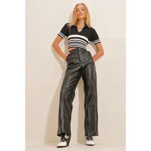 Trend Alaçatı Stili Women's Black Faux Leather Palazzo Pants with Grass Front Double Pocket