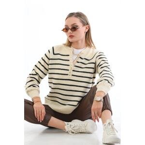 BİKELİFE Women's Black Striped Button-down Turtleneck Knitwear Sweater