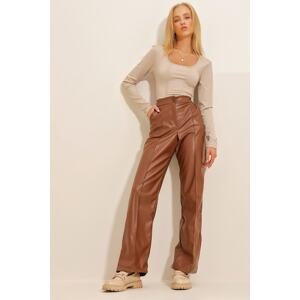 Trend Alaçatı Stili Women's Tan and Grass Front Double Pocketed Faux Leather Palazzo Pants