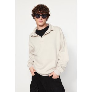 Trendyol Basic Stones Men's Oversize/Wide-Cut Shirt Collar Thick Fleece Sweatshirt with Pocket.