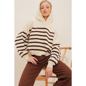 Trend Alaçatı Stili Women's Brown Hooded Striped Winter Knitwear Sweater