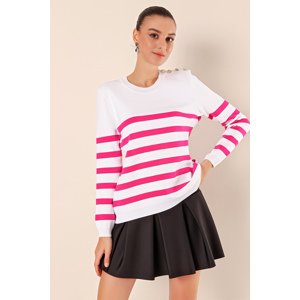 Bigdart 15820 Button Detail Striped Sweater - C. Fuchsia