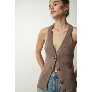 Happiness İstanbul Women's Mink Halterneck Buttons Knitwear Vest