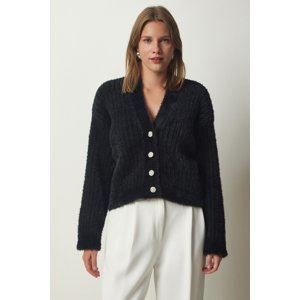 Happiness İstanbul Women's Black Pearl Button Detailed Bearded Knitwear Cardigan