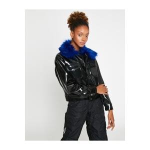Koton Shiny Leather Look Jacket with Faux Fur Detail on the Collar.