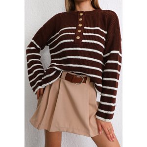 BİKELİFE Women's Brown Oversize Gold Buttoned Striped Thick Knitwear Sweater