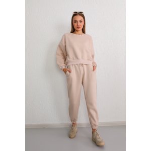 BİKELİFE Women's Beige Three Thread Raised Oversize Crop Tracksuit