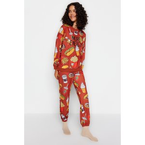 Trendyol Tile Motto Embroidered Printed Sweatshirt-Jogger Knitted Pajamas Set