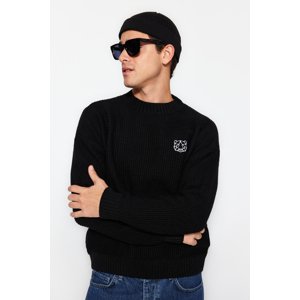 Trendyol Black Oversize Fit Wide Fit Crew Neck Embroidered Knitwear Sweater
