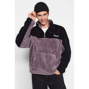 Trendyol Black Unisex Plus Size Oversize Comfy Color Block Embroidered Zipper Plush Sweatshirt.