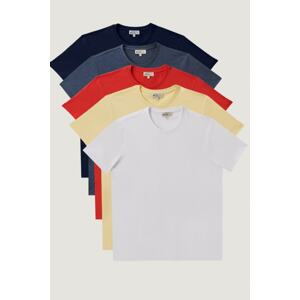 AC&Co / Altınyıldız Classics Men's White-navy-yellow-red-indigo Melange Slim Fit Narrow Cut Crew Neck 5-Piece T-Shirt Pack