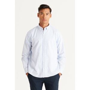 AC&Co / Altınyıldız Classics Men's White-Blue Comfort Fit Comfy Cut Buttoned Collar Cotton Check Shirt.