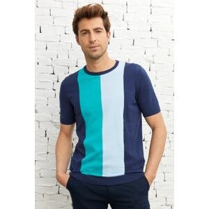 AC&Co / Altınyıldız Classics Men's Navy Blue Standard Fit Normal Cut Crew Neck 100% Cotton Striped Short Sleeve Knitwear T-Shirt.