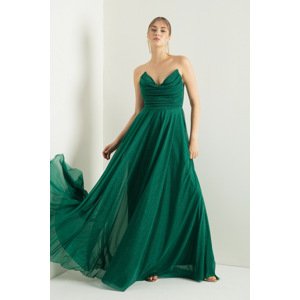 Lafaba Women's Emerald Green Chest Draped Slit Flared Glitter Evening Dress