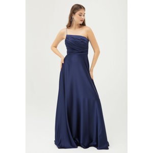 Lafaba Women's Navy Blue Stone Strap Flared Cut Long Satin Evening Dress