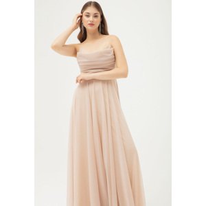 Lafaba Women's Beige Bust Draped Slit Flared Silvery Evening Dress