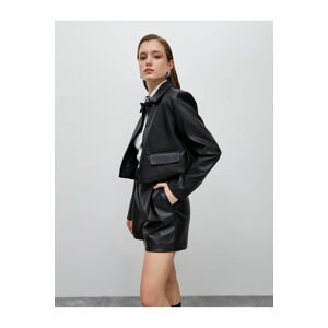 Koton Leather Look Jacket with Crop Flap, Pockets and Buttons.