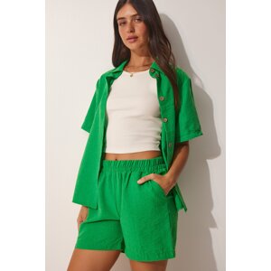 Happiness İstanbul Women's Dark Green Linen Surface Shorts and Shirt Set
