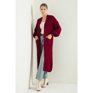 Lafaba Women's Burgundy Balloon Sleeve Long Knitwear Cardigan