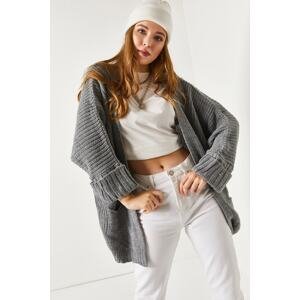 armonika Women's Gray Thessaloniki Knitted Cardigan With Pockets Double Sleeve Knitwear