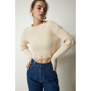 Happiness İstanbul Women's Cream Ripped Detail Knitwear Crop Sweater