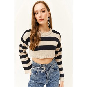 Olalook Women's Stone Spanish Sleeve Striped Crop Knitwear Sweater