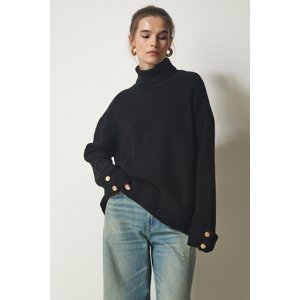 Happiness İstanbul Women's Black Button Detailed Turtleneck Oversize Knitwear Sweater