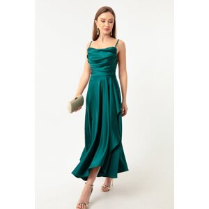 Lafaba Dámské Smaragdově zelené volánky Rozparek Satén Midi délka Večerní šaty a promoční šaty