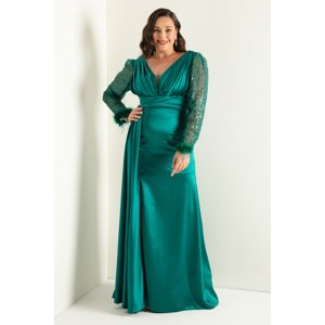 Lafaba Women's Emerald Green V-Neck Long Plus Size Evening Dress with Stones and Slits on the Sleeves