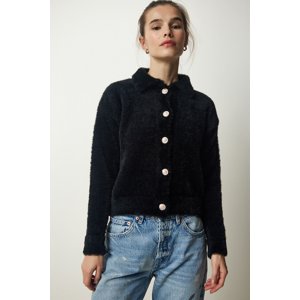 Happiness İstanbul Dámské černé stylové knoflíky vousaté pletené oblečení svetr
