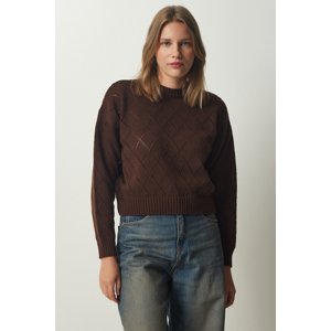 Happiness İstanbul Women's Brown Diamond Patterned Openwork Knitwear Sweater