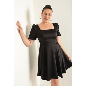 Lafaba Women's Black Balloon Sleeve Flared Cut Mini Plus Size Satin Evening Dress