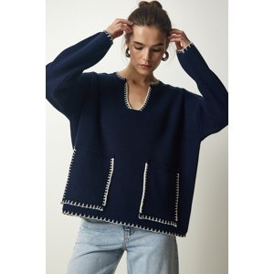 Happiness İstanbul Women's Navy Blue Stitch Detailed Pocket Knitwear Sweater