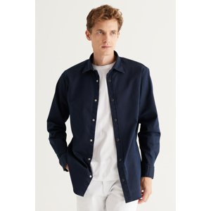 ALTINYILDIZ CLASSICS Men's Navy Blue Comfort Fit Relaxed Cut Cotton Diagonal Patterned Shirt