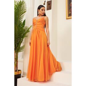 Carmen Orange Chiffon Strap Long Evening Dress and Invitation Dress with Stone Collar
