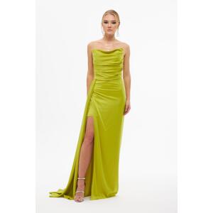 Carmen Pistachio Green Slit Satin Evening Dress Cat Ear Dress