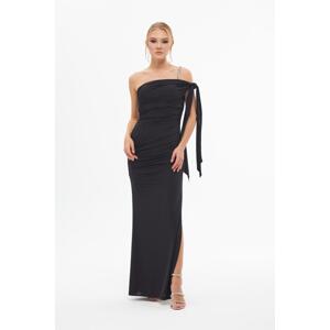 Carmen Black Sandy Single Sleeve Slit Long Evening Dress