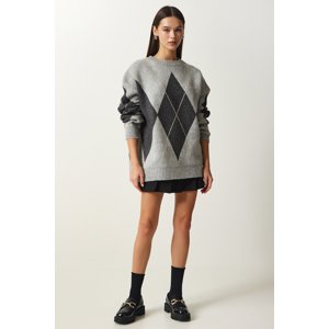 Happiness İstanbul Women's Light Gray Premium Diamond Pattern Oversize Knitwear Sweater