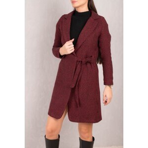 armonika Women's Red Side Tie Herringbone Pattern Long Cachet Coat