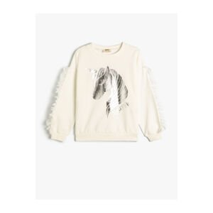 Koton Sweatshirt Long Sleeve Shiny Unicorn Printed Tassel Detailed Cotton