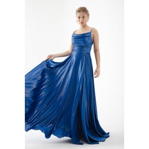 Lafaba Women's Blue Stone Strap Draped Flared Cut Long Evening Dress