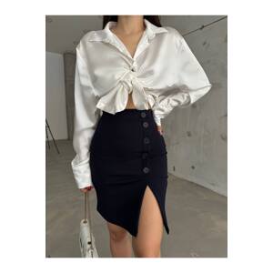 BİKELİFE Women's Navy Blue High Waist Button Detailed Lycra Flexible Skirt