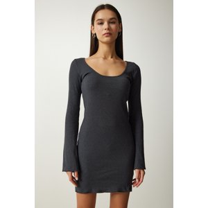 Happiness İstanbul Women's Gray Boat Neck Ribbed Saran Knitted Dress