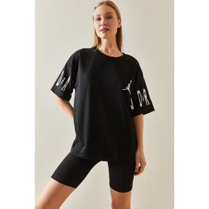 XHAN Black Crew Neck Text Oversize T-Shirt